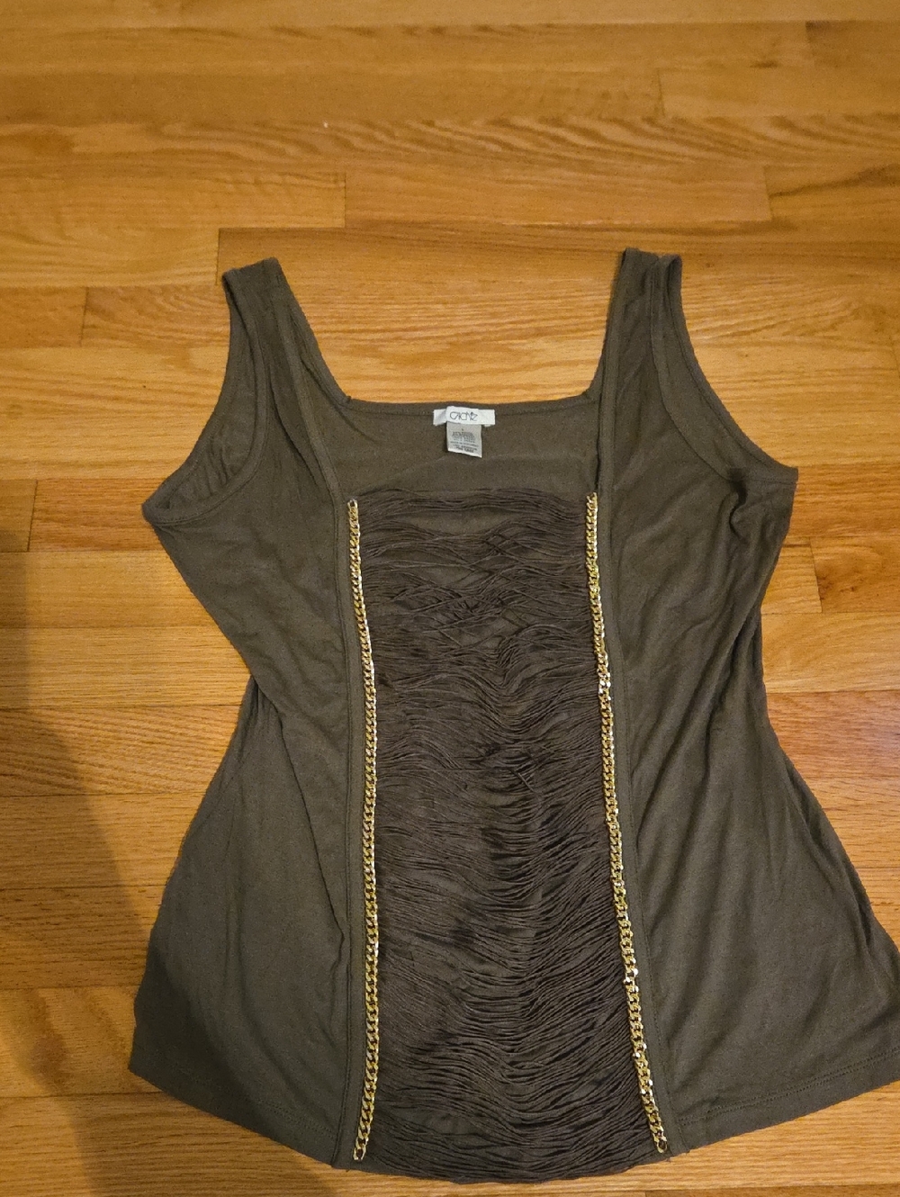 Cache Olive Green Tank with Fringe and Gold Chain Trim